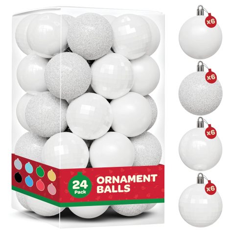 Set of 24 festive Christmas ornaments in white, with 4 charming styles and easy-to-hang feature- perfect for Indian celebrations!