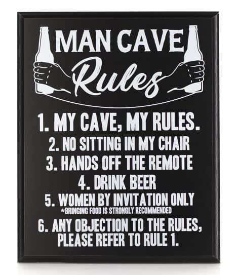 Decorative sign for man caves with rules, ideal as a gift for Indian men with abundant possessions.