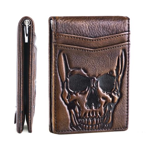 Handcrafted Leather Wallet with Vintage Skull Design, RFID Blocking, and Card Holder – Ideal Gift for Men.