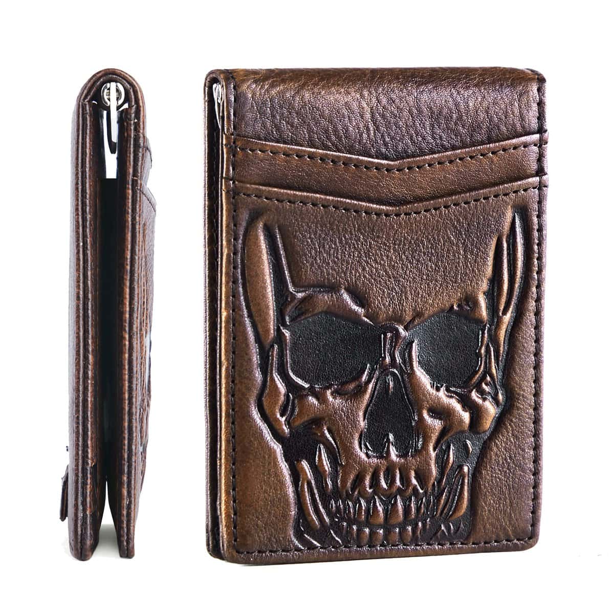 Men Minimalist Vintage Skull Bifold Handmade Leather Wallet with Card Pull Strap and Money Clip - RFID Blocking Slim Front Pocket Credit Card Holder - Retro Gift for Husband Boyfriend Dad Teenager