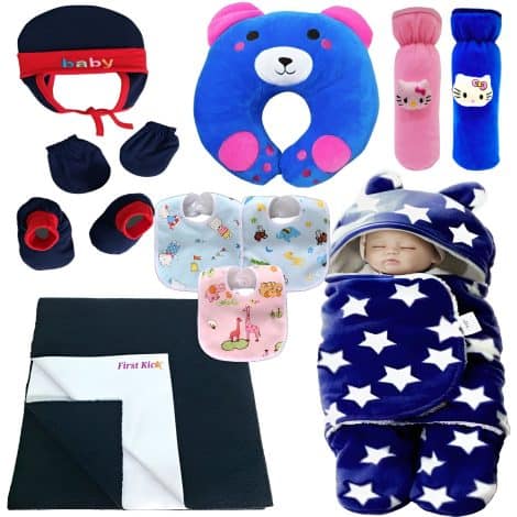 Introducing the “Baby Starry Bundle” – A gift set for newborns, containing 11 adorable pieces in navy.