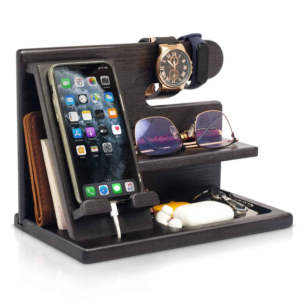 TESLYAR Wood Phone Docking Station Ash Key Holder Wallet Stand Watch Organizer Men Gift Husband Wife Anniversary Dad Birthday Nightstand Purse Father Graduation Male Travel Idea Gadgets (Black)