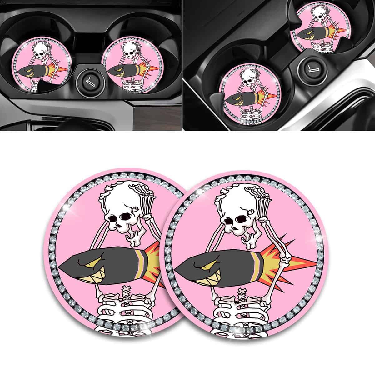 Car Coaster 2 pcs Pink Ghost Funny Quirky Bling Automotive Cup Holder Coaster for car Silicone Auto Cup Holder Coaster Skull Car Interior Accessories Decorations