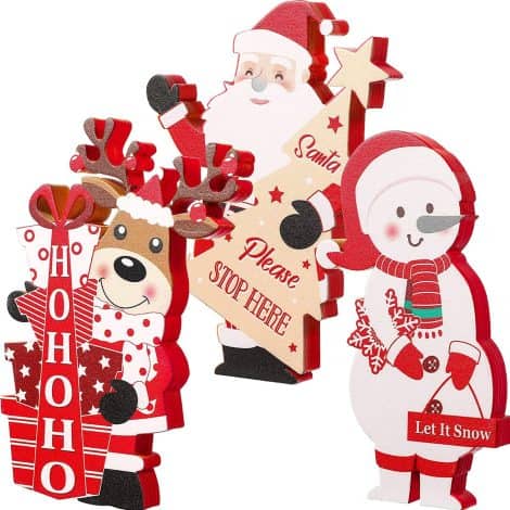 Festive Wooden Table Decor with Snowman and Santa Figurines for Indian homes and offices during Christmas celebrations.
