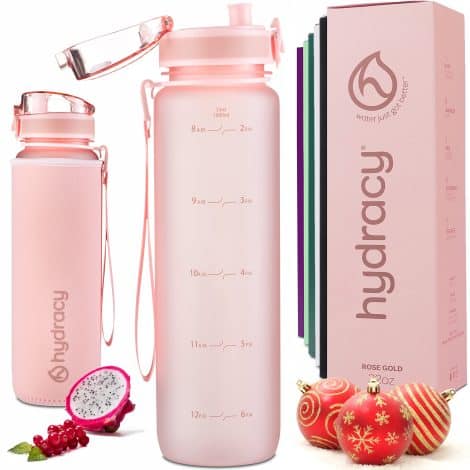 Hydracy Water Bottle with Time Marker – 1L 32 Oz BPA Free – Leak Proof, Non-Sweating Gym Bottle with Fruit Infuser – Perfect for Fitness, Sports – Rose Gold.