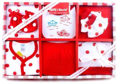 MOM CARE’s Newborn Baby Gift Set includes essential clothes for baby boys, girls, or unisex. 9 pcs (Red).