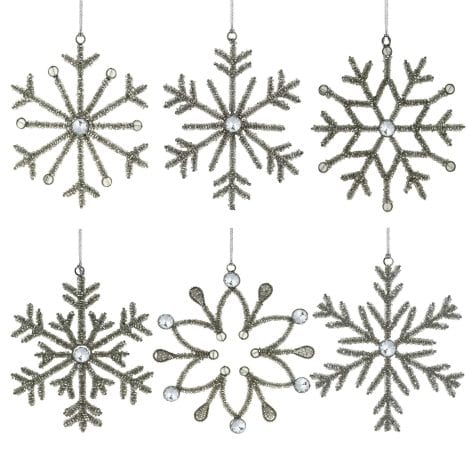Handmade set of 6 iron and glass Christmas ornaments with snowflake designs for your tree.