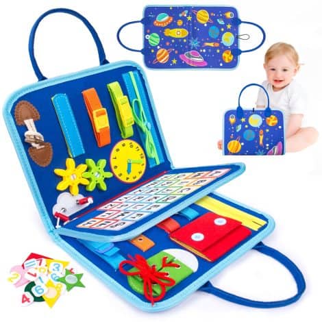 HONGDDY Busy Board, an all-in-one Montessori educational toy that enhances fine motor skills and provides on-the-go entertainment for kids. Perfect gift for boys and girls.