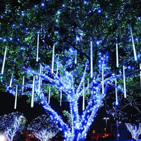 White Twinkle Star Meteor Shower Rain Lights for Outdoor Christmas Decoration, perfect for Xmas, weddings, and holidays.