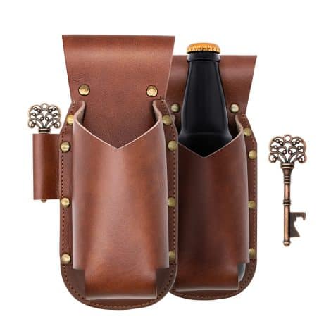 Vintage Leather Beer Holster with Bottle Opener, perfect beer gift for men to carry on picnics, parties, and beach outings.