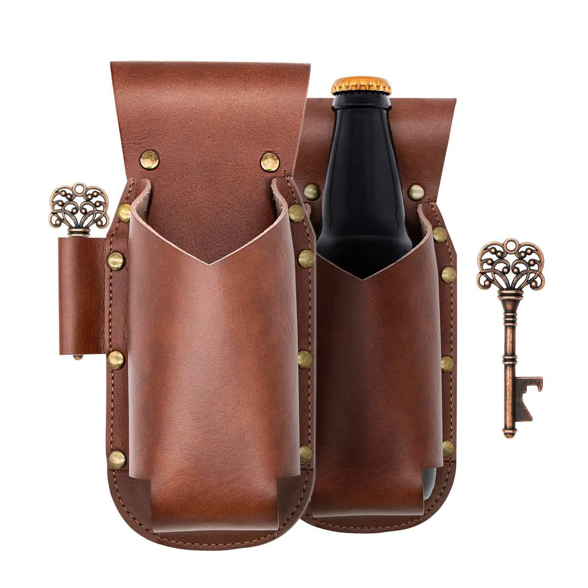 iPihsius Beer Holster, Beer Holster for Men 2PCS Vintage Leather ,Bottle Opener Included Beer Gift for Men Party Picnic Beach Cans Beverage Holder