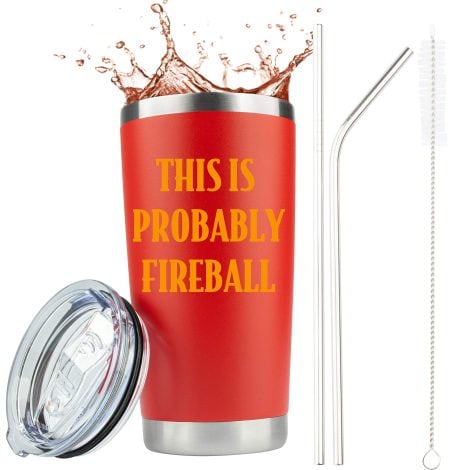 Fireball Whiskey Gifts | The Ultimate Fireball Lover’s Tumbler | 20 oz Stainless Steel Mug with Lid | by JENVIO.