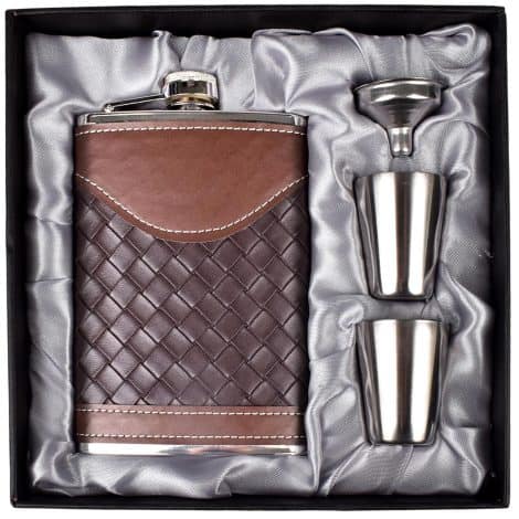 Stylish Leather Stripe Black 8oz Flask Set with Funnel and Shot Glasses, perfect as a gift for Indian men.