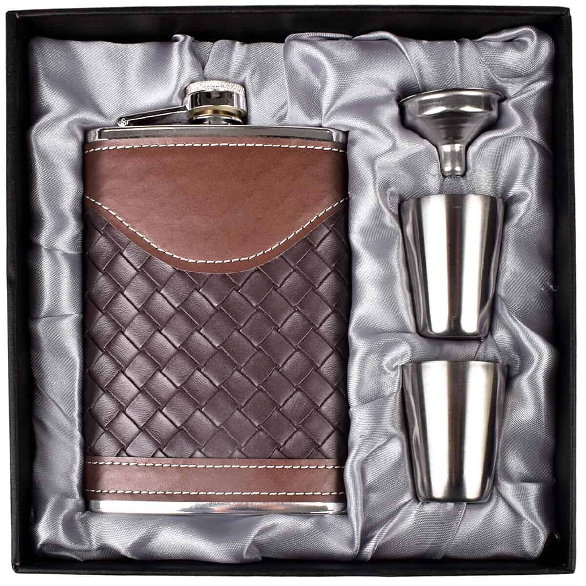 Hip Flasks for Men 8oz Leather Flask Gift Set,LHD HOME 304 Stainless Steel Flask Set w/Funnel Shot Glasses Lovely Gift for Whiskey Rum Groomsman Best Man Usher Wedding Camping-Leather Stripe Black8oz