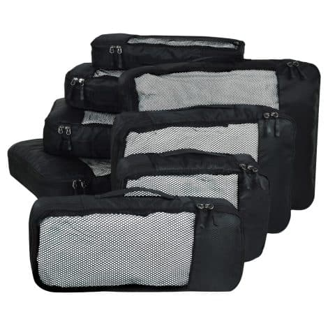 FATMUG Packing Cubes Set of 8, Black Travel Pouch Bag Organiser for Indian travelers (Polyester, 2L, M, S, Slim).