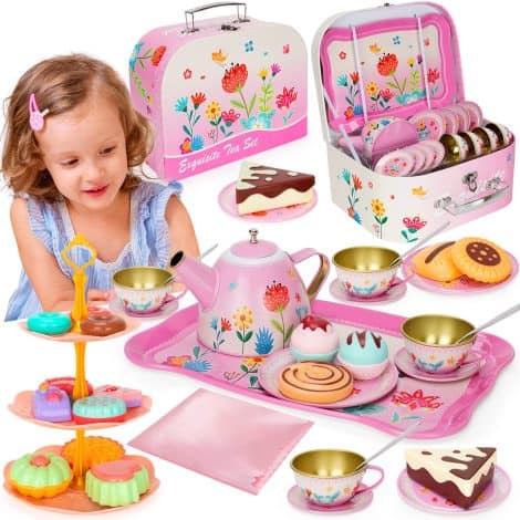 “KMUYSL Girls Gift: Age 3-6 Toddler Tea Party Set, 43-Piece Pretend Toy with Desserts & Case.”