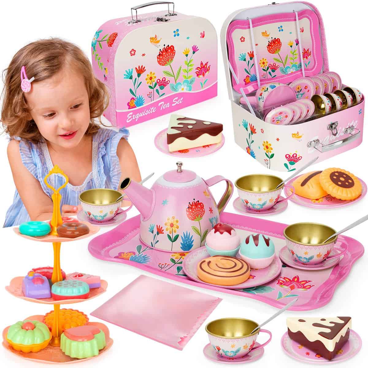 KMUYSL Girls Gift for Age 3 4 5 6 Year Old, Toddler Toys Tea Party Set for Little Girls, 43 Pack Kids Kitchen Pretend Toy with Tin Tea Set, Desserts & Carrying Case