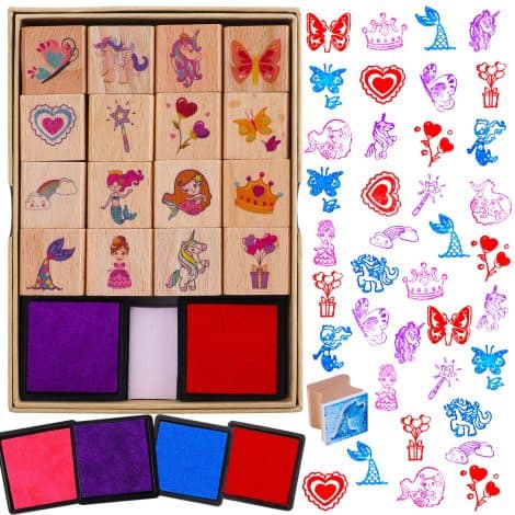 16 wooden stamps with ink pad, featuring unicorn, mermaid, princess, heart, rainbow, and butterfly designs, perfect for girls’ crafts. Ideal gift.