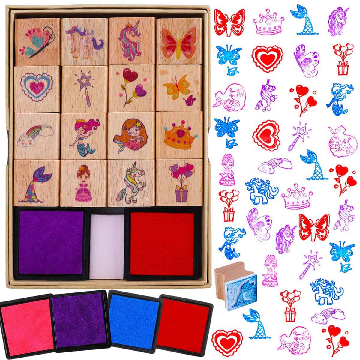 HOWAF 16pcs Wooden Stamps for Kids Girls Crafts with Ink Pad 4pcs, Unicorn Mermaid Princess Heart Rainbow Butterfly Stamps for Girls DIY Scrapbook Card Making, Party Bag Fillers Favor for Girls Gift