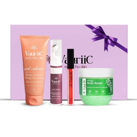 VauriiC Love & Care Gift Set for Diwali, Birthdays, Anniversaries, and Weddings. Includes Face Scrub, Under Eye Gel, Body Scrub, & Lip Conditioner. Perfect Gift for Men and Women. 100% Vegan Bath & Body. Complete with Premium Luxury Gift Box.