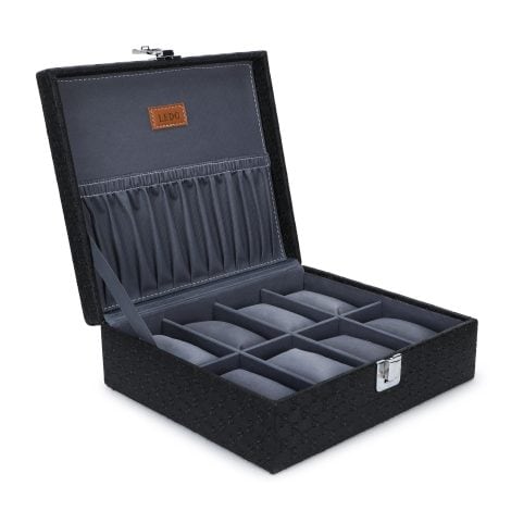 LEDO Unisex Watch Box in Royal Black&Gray color, has 8 slots, made of PU Leather.