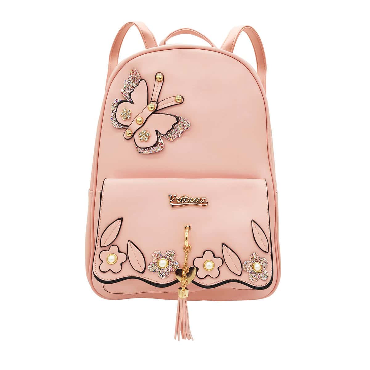 VRITRAZ Butterfly PU Leather Backpack Purse Shoulder Bag, Handbag for Women's Girls Ladies Pink (Small size)