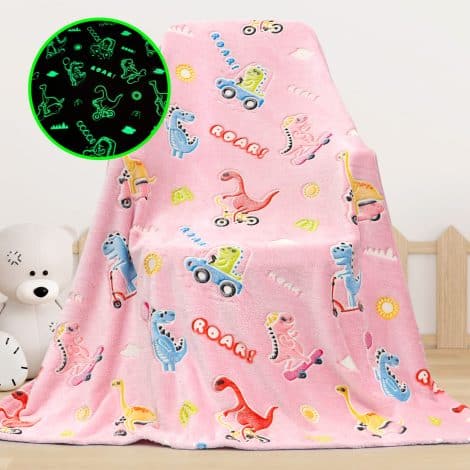 Funny cute glow in the dark throw blanket with blue dinosaur design, perfect gift for Indian kids aged 1-15.
