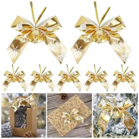 AIMUDI Gold Christmas Gift Bows with The Bell – Beautiful 3.5″ small gold bows for Indian Christmas Tree Decorations and Crafts.