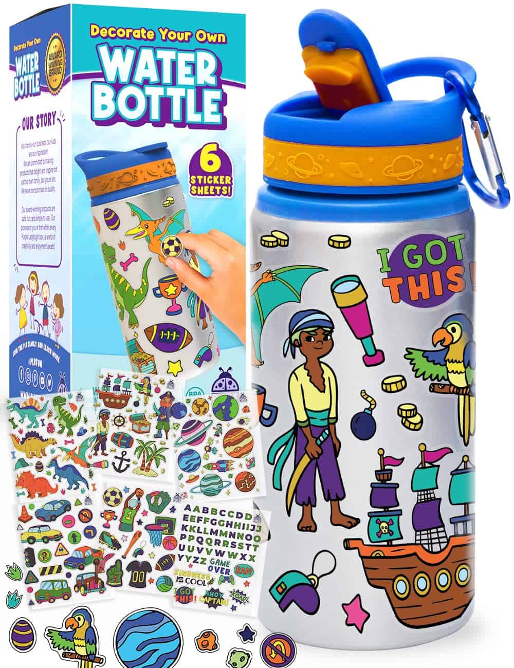 Purple Ladybug Decorate Your Own Water Bottle for Boys with Tons of Fun On-Trend Stickers! BPA Free Kids Water Bottle Craft Kit - Cool and Creative Boy Gift Idea, Fun DIY Kids Arts & Crafts Activity