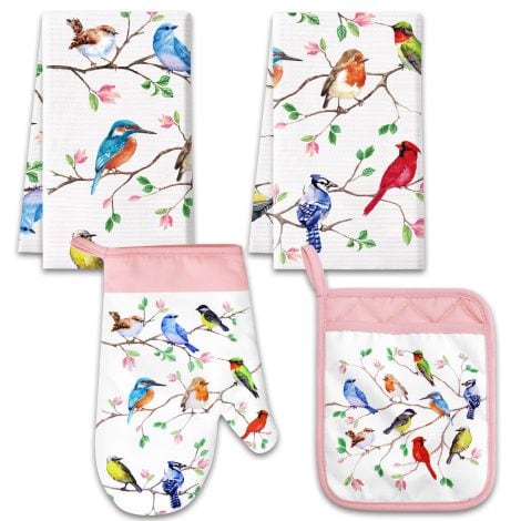 Birds Kitchen Towel Kit with Pot Holder, Oven Mitt, perfect for Bird Lovers, Teachers, Women, and Moms. Ideal for Summer cooking, BBQ, microwave, and baking. Set of 4 towels adorned with Birdies on Wire, Cardinal, and Hummingbird.