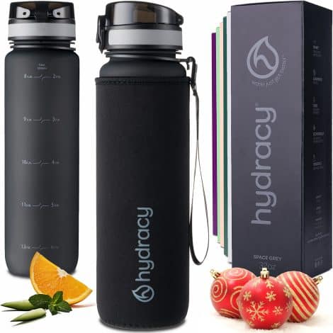 Hydracy Water Bottle with Time Indicator – Big 1 Litre 32 Oz BPA Free Bottle – Non-leak & Non-sweat for Gym – Gift for Fitness or Sports – Space Grey.