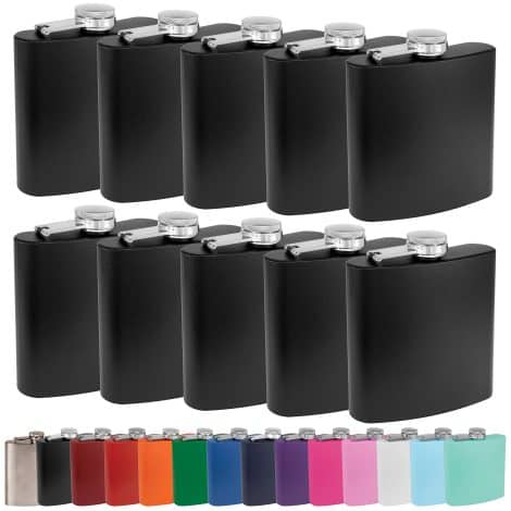 Clear Water Home Goods offers a stylish and durable 6 oz hip flask for weddings, available in matte black.