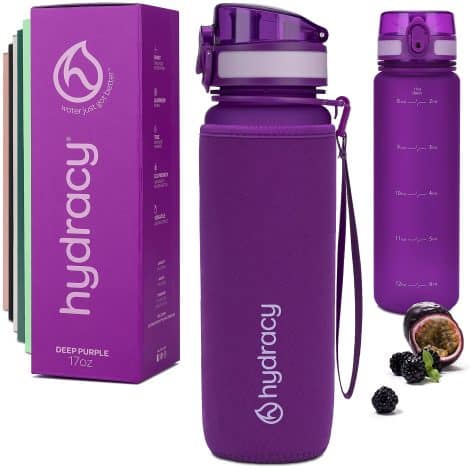 Hydracy Water Bottle in Deep Purple, ideal for fitness & outdoors, with fruit infuser & time marker.