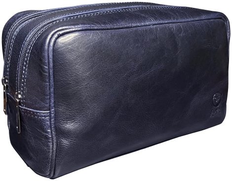 Rustic Town Brown Leather Travel Toiletry Bag in Blue, Perfect Shaving Kit Gift for Men and Women.