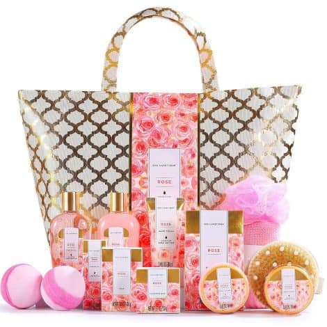 Luxurious Spa Luxetique gift set with 15 pampering items including massage oil, bath salt, and bubble bath. Perfect gift for women.