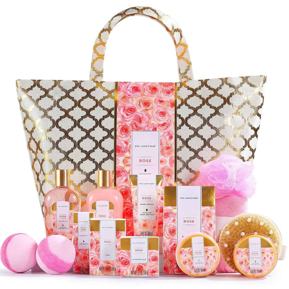 Spa Luxetique Spa Gift Basket, Bath and Body Gift Set for Women, Luxury 15 Pcs Bath Sets, Rose Scented, Home Spa Set Includes Massage Oil, Bath Salt, Bubble Bath, Best Gift Baskets for Women.