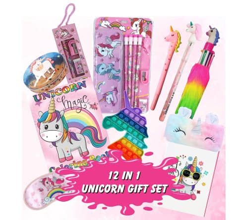 12 in 1 Unicorn Gifts for Girls | Perfect Birthday Gift for kids aged 6-8 and 10-12 | Includes Diary, Stationery, Pop It, Eye Mask, Feather Pouch – U4