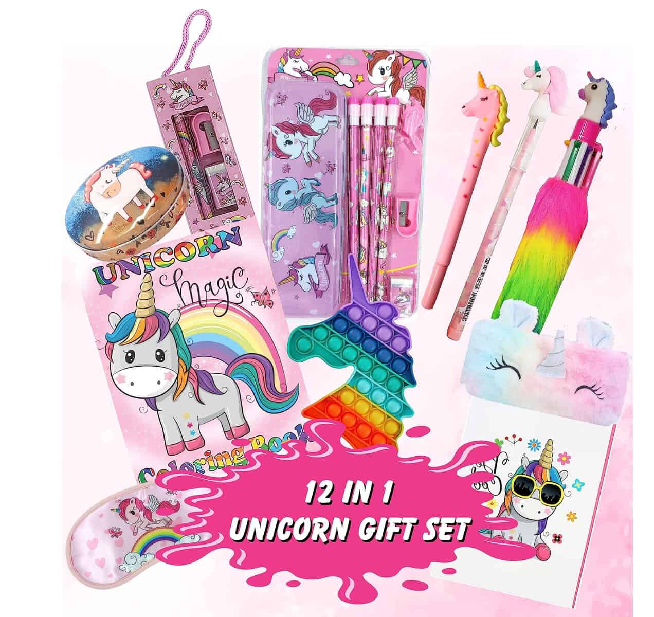 INDIKONB 12 in 1 Unicorn Gifts for Girls | Unicorn Theme Birthday gift for kids Age 6-8 years, 10-12 year old | Unicorn Small Diary, Stationery Set, Pop It, Eye Mask, Feather Pouch - U4