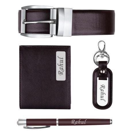 The Wallet Store presents a classy Brown Leather Hamper with a Personalized Pen and Key Chain, perfect for gifting your loved ones.