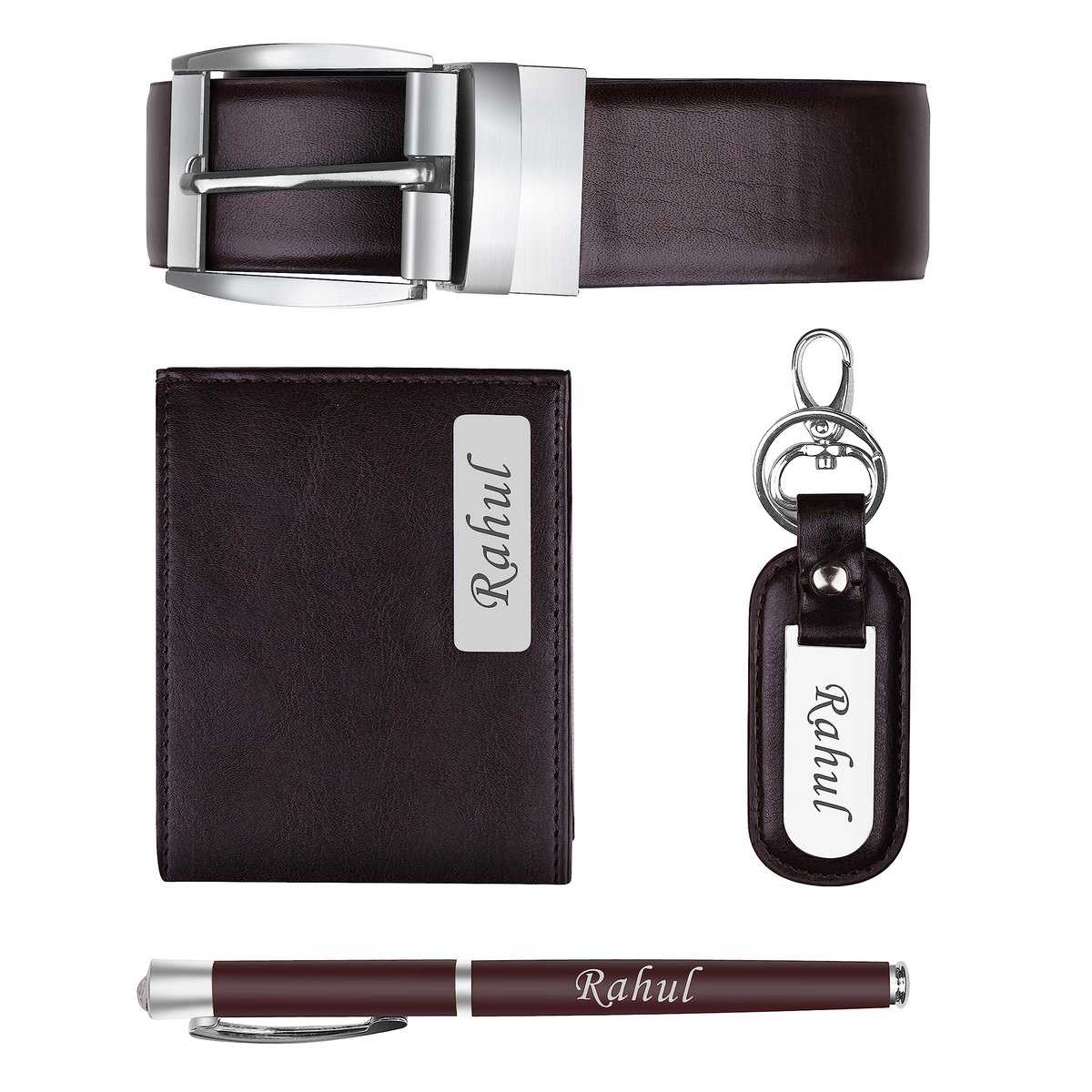 The Wallet Store Personalized Wallet Pen Key Chain & Belt Gift Set | with Name | Leather Hamper | Best Combo for Brother, Husband, Father, Boyfriend (Brown)