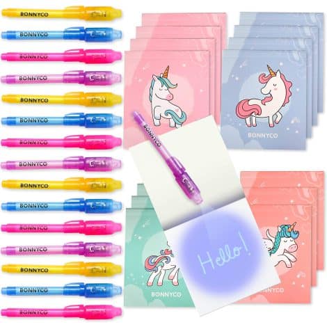 Unicorn-themed set of 16 pens and notebooks for parties, birthdays, and school prizes, by BONNYCO.