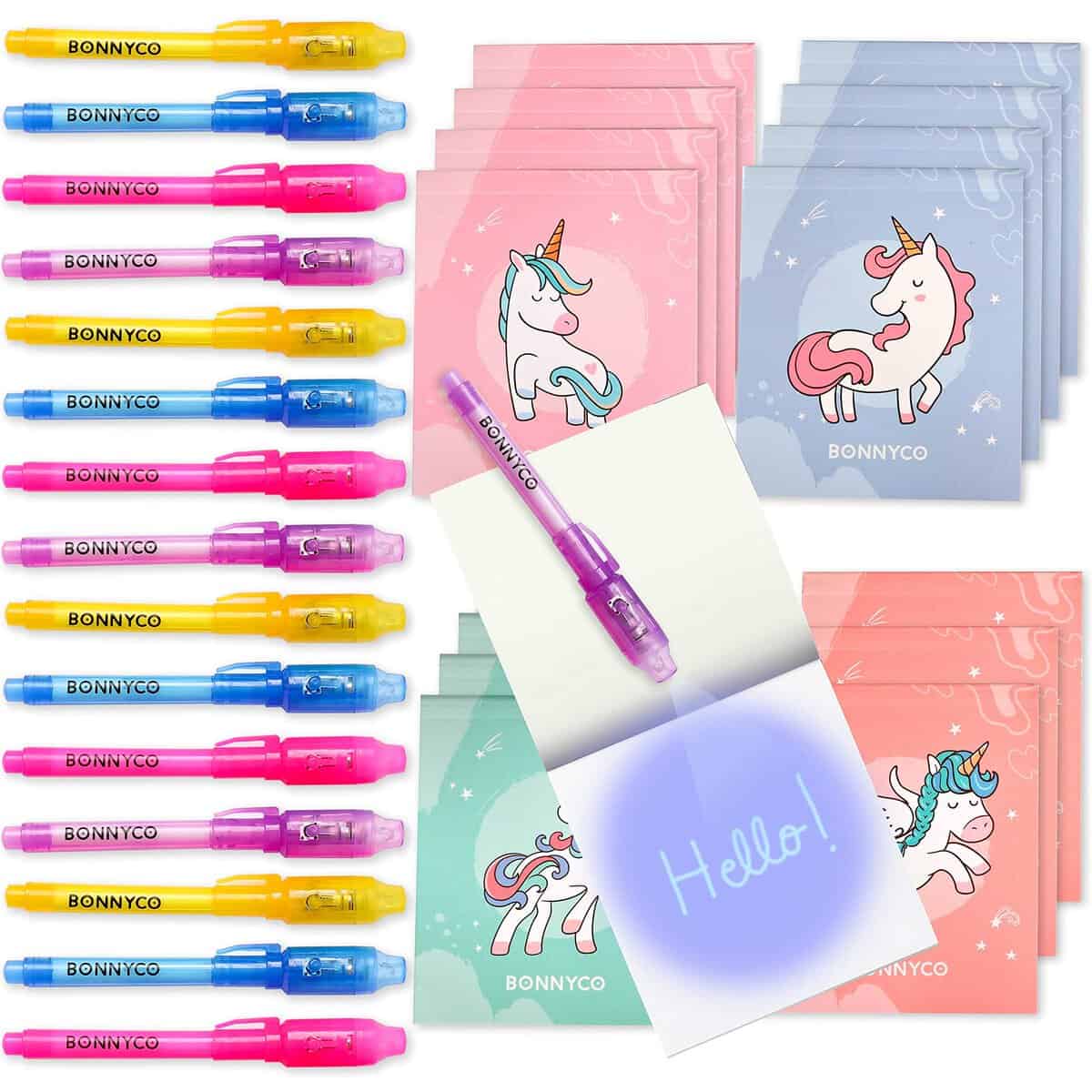 Invisible Ink Pen and Notebook, Pack 16 Unicorns - BONNYCO | Party Bags Filler & Pinata Toys | Unicorn Birthday Decorations | Stocking Fillers for Kids Birthday | School Prizes & Gifts for Children