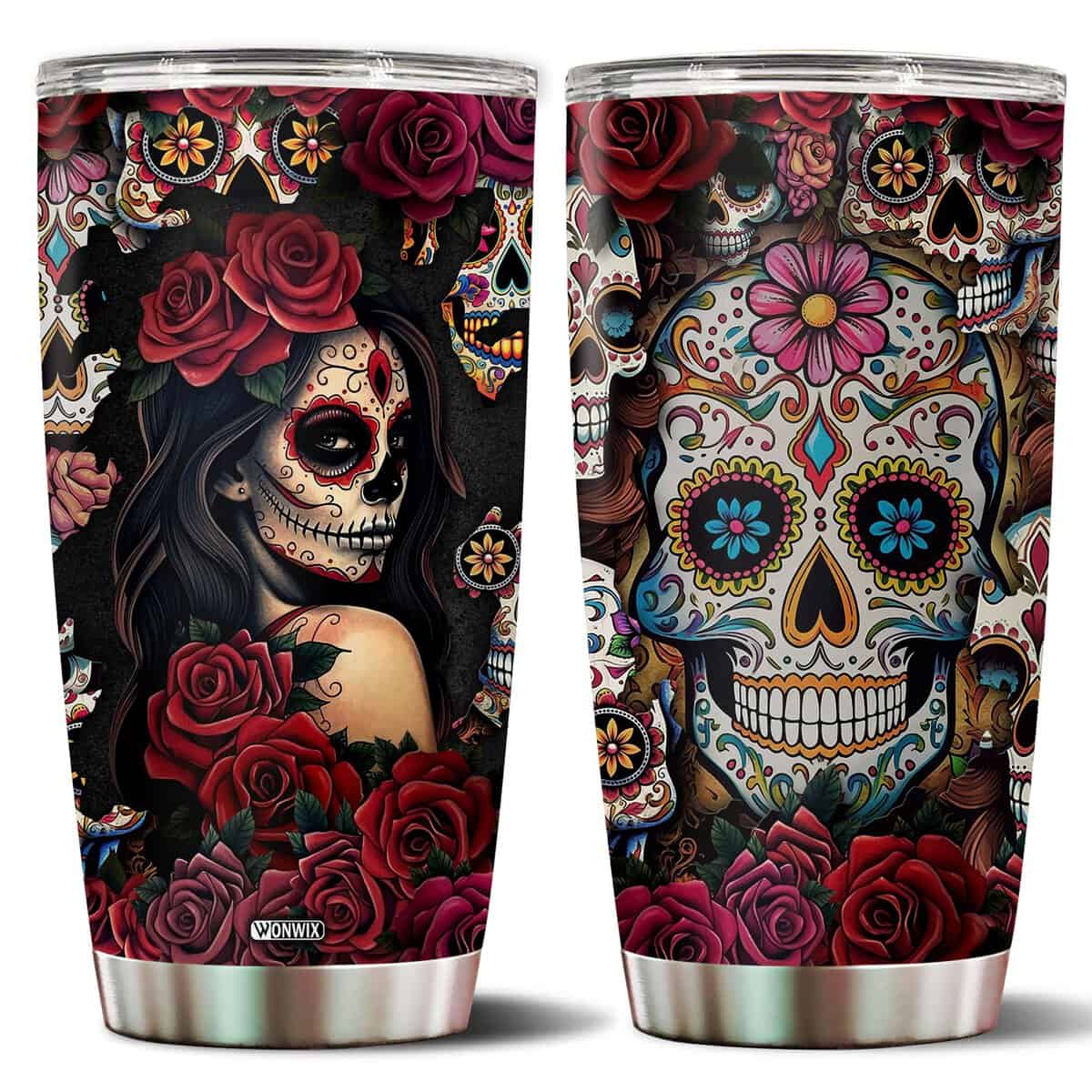 WONWIX Sugar Skull Gifts for Women Insulated 20oz Stainless Steel Coffee Cup Travel Mug Water Bottle Tumbler With Lid Thermos Tattoo Girls Wife Daughter Mom Christmas Birthday Mothers Day Valentine