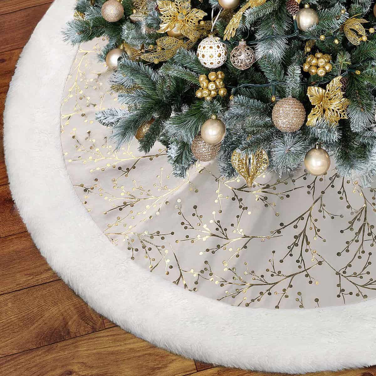 Christmas Tree Skirt, Gold White 48 Inch Faux Fur Plush Christmas Decorations Tree Base Mat Thick Velvet Rugs for Holiday Home Decor Party Xmas