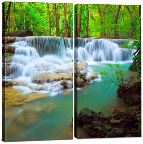 Waterfall Canvas Wall Art Decor, Modern 24×24 Hanging Flower Field 2 Panel Print, Decorative Painting for Home