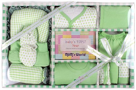 MOM CARE Newborn Baby Gift Set includes all essential clothing and items for your new baby. Perfect for baby boys or girls, with 11 pieces in green.