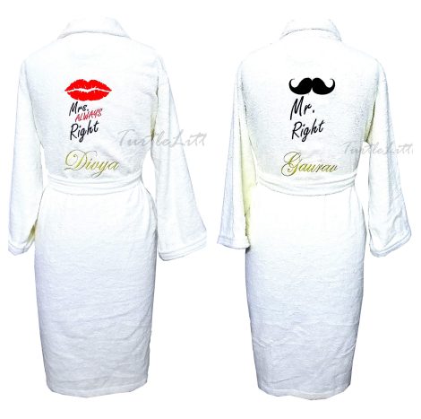 TurtleLittle, a pair of ivory white bathrobes for men and women, made of 100% cotton, with name and initials.