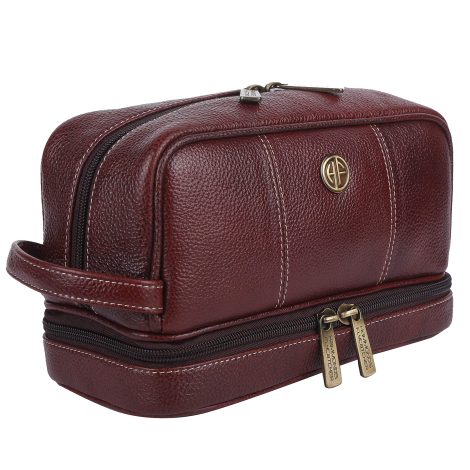 Hammonds Flycatcher Brown Leather Toiletry Bag for Men with hand-stitched detailing| Ideal for travel and grooming.