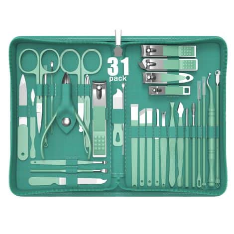 Tseoa Personal Care Manicure Set: Premium nail clipper kit with 31 pieces, ideal gift for men, women, and family. Comes in a luxurious travel case. (Green)