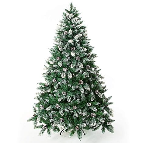 Upgrade your Christmas with the Senjie Artificial Snow Tree, adorned with pine cones and unlit for ambiance!